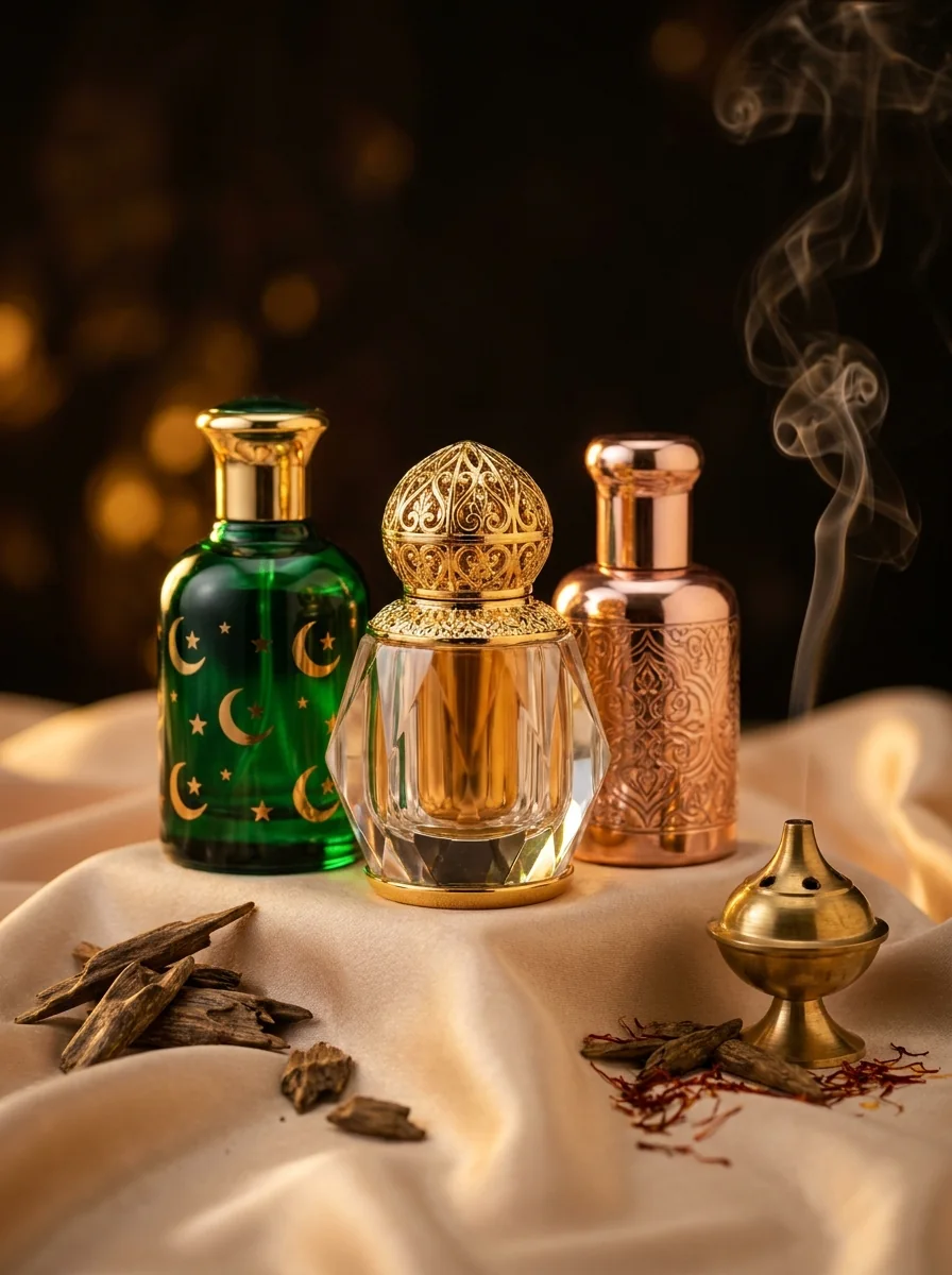 Perfumes árabes com tampas douradas, madeira de oud e incenso