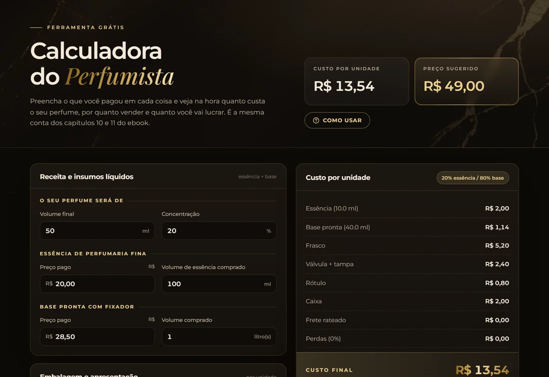 Tela da Calculadora do Perfumista mostrando custo, preço de venda e lucro