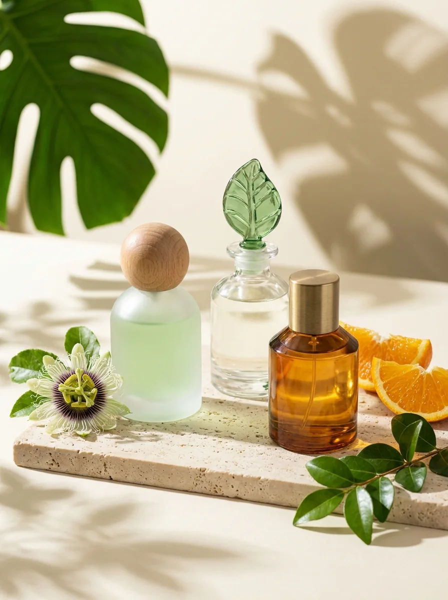 Perfumes nacionais com frutas e folhas brasileiras em luz natural