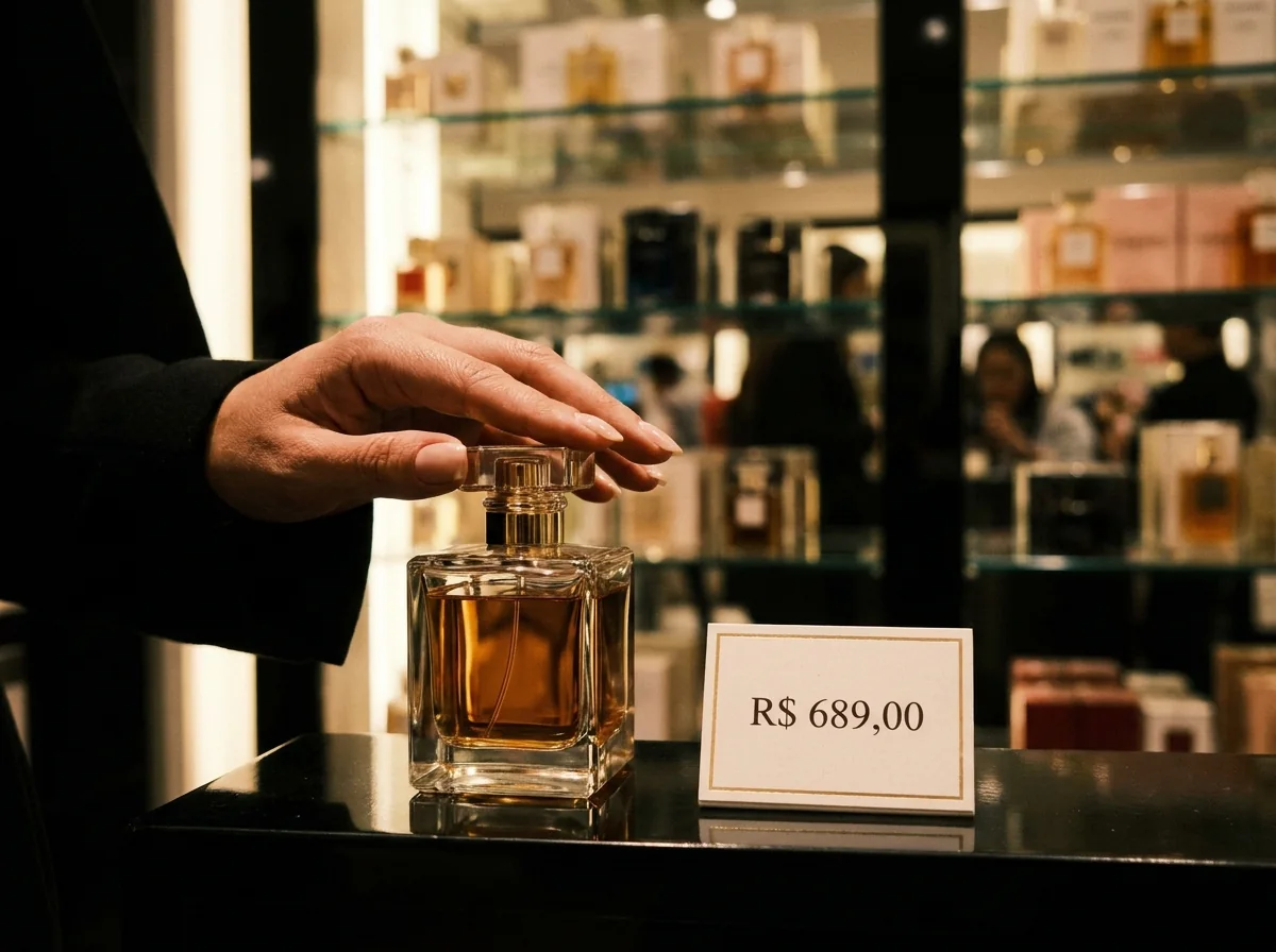 Mão hesitando diante de um perfume importado com etiqueta de R$ 689 no balcão de uma loja