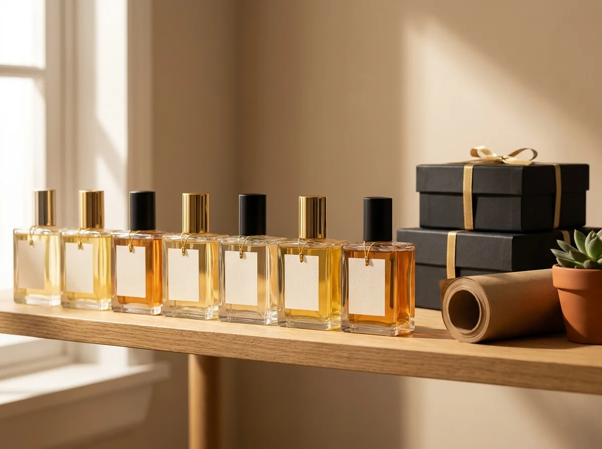 Perfumes feitos em casa com rótulo próprio e caixas de presente prontos para vender