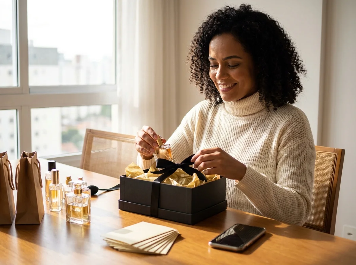 Mulher sorrindo enquanto embala perfumes feitos em casa para vender